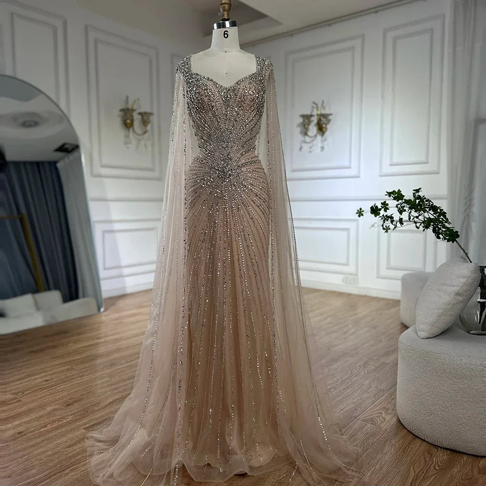 2025 Nude Cape Sleeves Beaded Saudi Arabic Evening Dresses Gowns for Formal Occasion LA72575A