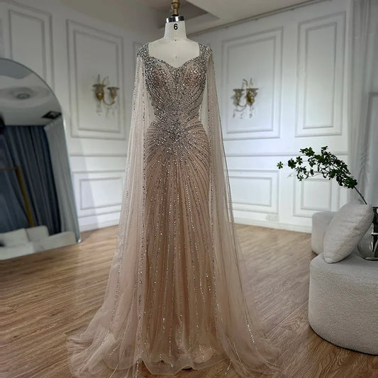 2025 Nude Cape Sleeves Beaded Saudi Arabic Evening Dresses Gowns for Formal Occasion LA72575A