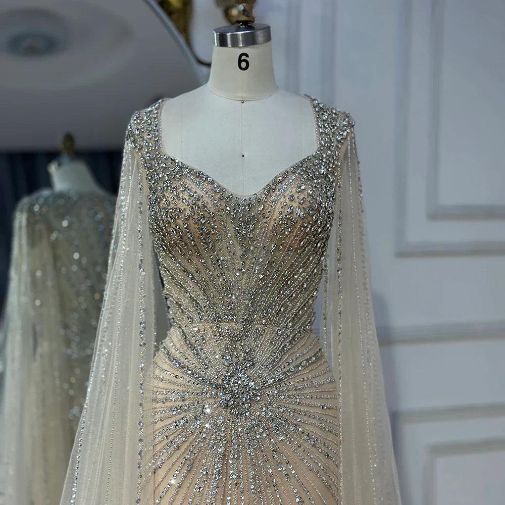 2025 Nude Cape Sleeves Beaded Saudi Arabic Evening Dresses Gowns for Formal Occasion LA72575A