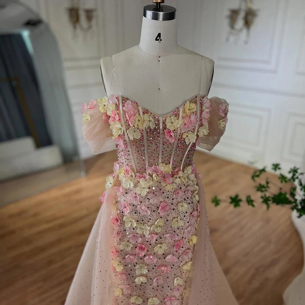 2025 Nude Floral Beaded Off Shoulder Corset Evening Gown With Overskirt for Formal Occasion LA72861