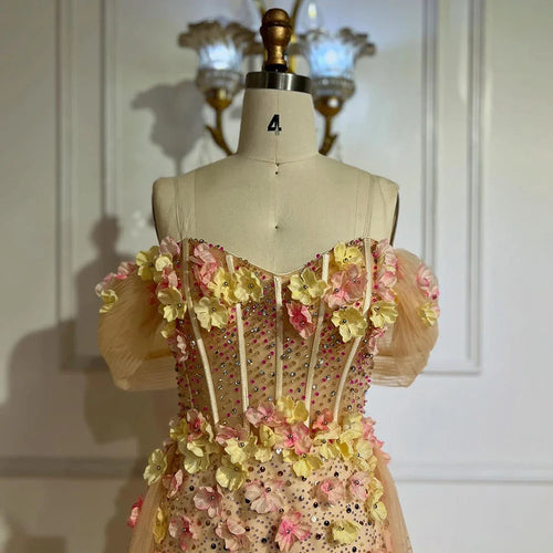 2025 Nude Floral Beaded Off Shoulder Corset Evening Gown With Overskirt for Formal Occasion LA72861