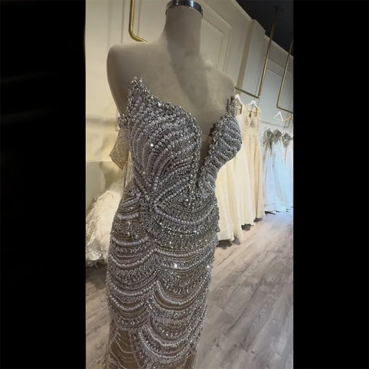 2025 Nude Silver Beaded Evening Gown with Sparkling Crystal Embellishments for Formal Occasion LA72900