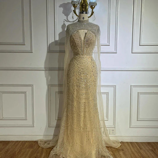 2025 Nude Strapless Pearls Beaded Saudi Evening Gown with Long Sheer Cape for Formal Occasion LA72189A