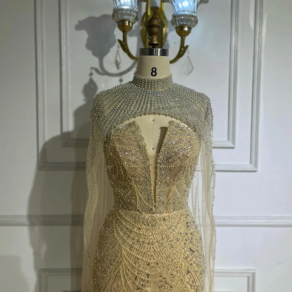 2025 Nude Strapless Pearls Beaded Saudi Evening Gown with Long Sheer Cape for Formal Occasion LA72189A