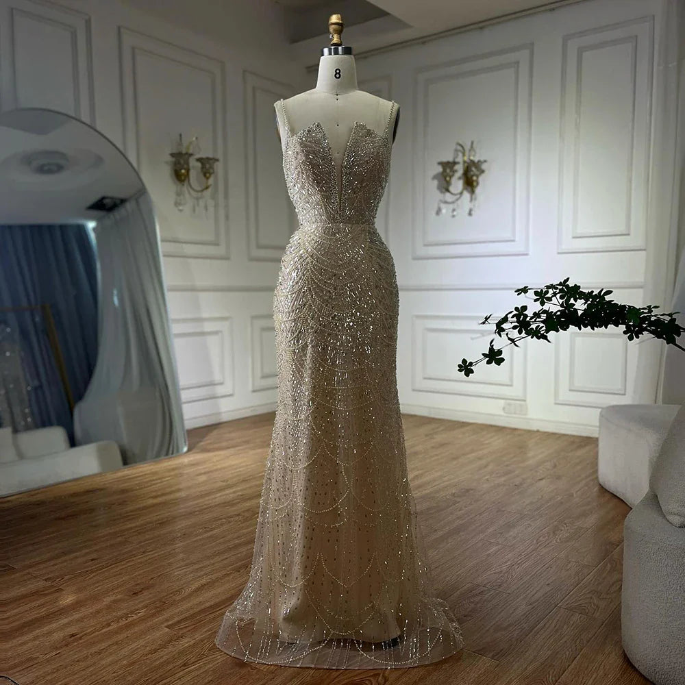 2025 Nude Strapless Pearls Beaded Saudi Evening Gown with Long Sheer Cape for Formal Occasion LA72189A