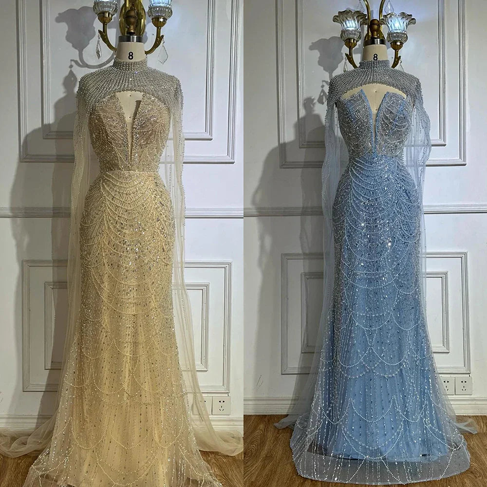 2025 Nude Strapless Pearls Beaded Saudi Evening Gown with Long Sheer Cape for Formal Occasion LA72189A