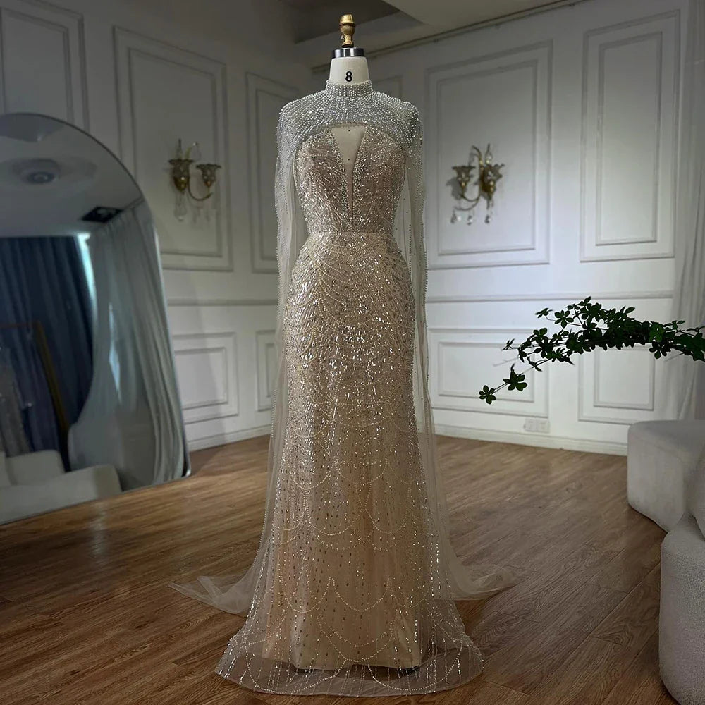 2025 Nude Strapless Pearls Beaded Saudi Evening Gown with Long Sheer Cape for Formal Occasion LA72189A
