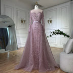 2025 Pink Beaded Saudi Arabic Mermaid Evening Gown with Sheer Long Sleeves for Formal Occasion LA72875