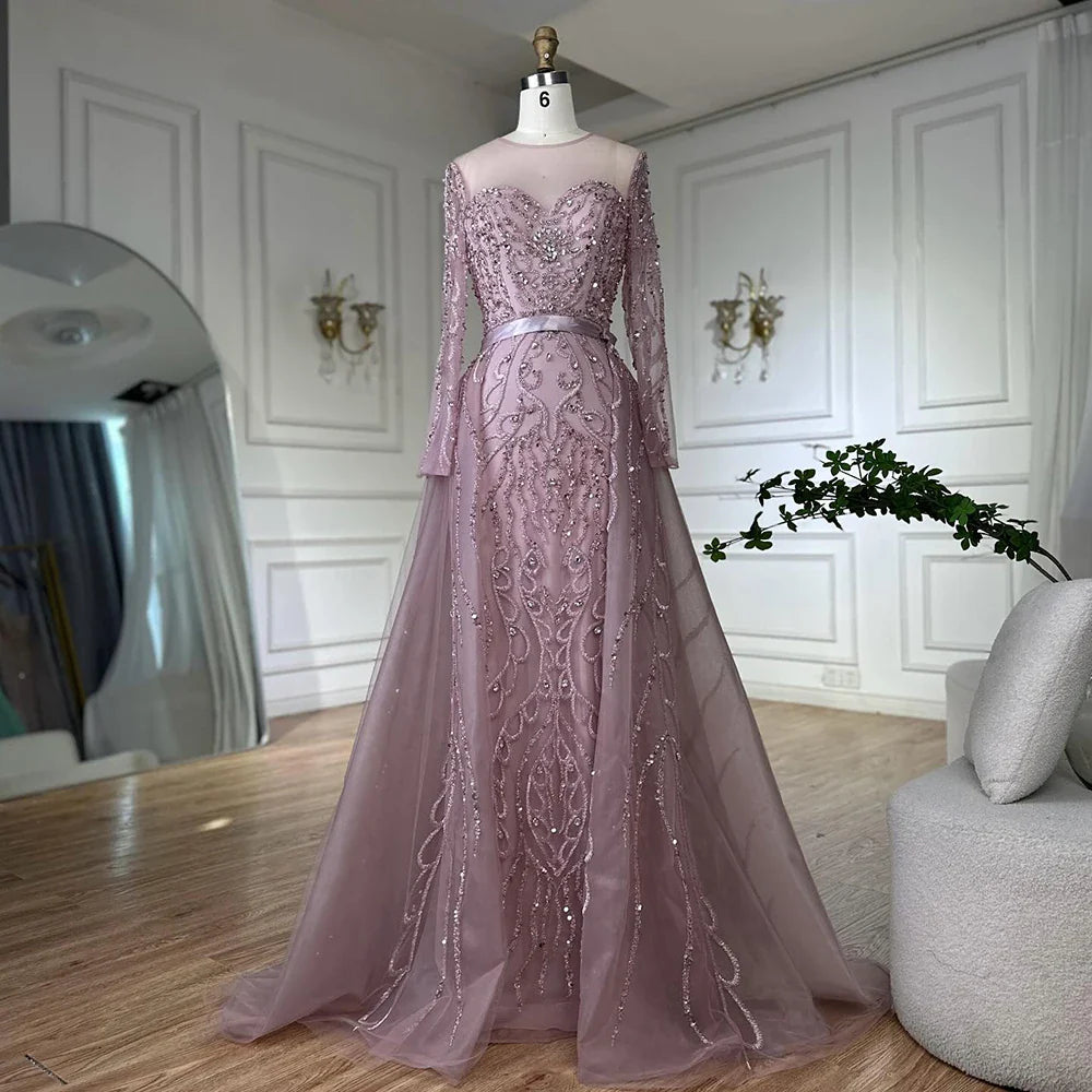 2025 Pink Beaded Saudi Arabic Mermaid Evening Gown with Sheer Long Sleeves for Formal Occasion LA72875