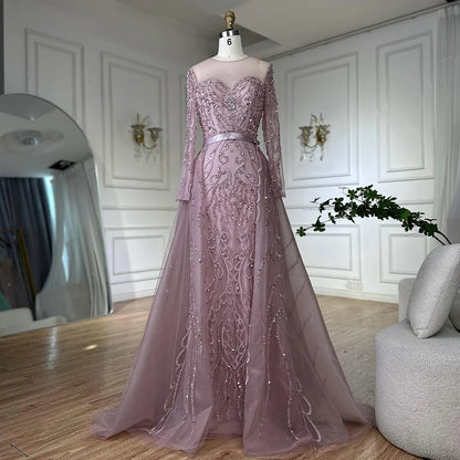 2025 Pink Beaded Saudi Arabic Mermaid Evening Gown with Sheer Long Sleeves for Formal Occasion LA72875