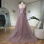 2025 Pink Beaded Saudi Arabic Mermaid Evening Gown with Sheer Long Sleeves for Formal Occasion LA72875