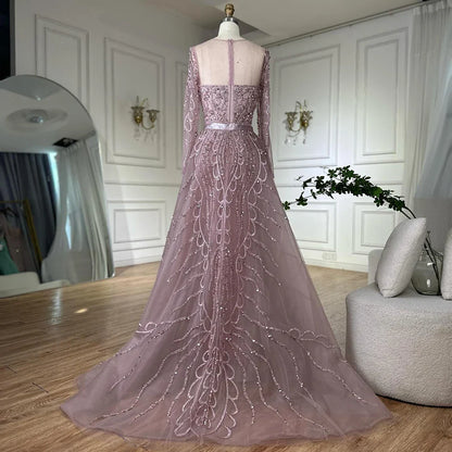 2025 Pink Beaded Saudi Arabic Mermaid Evening Gown with Sheer Long Sleeves for Formal Occasion LA72875