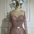 2025 Pink Beaded Saudi Arabic Mermaid Evening Gown with Sheer Long Sleeves for Formal Occasion LA72875