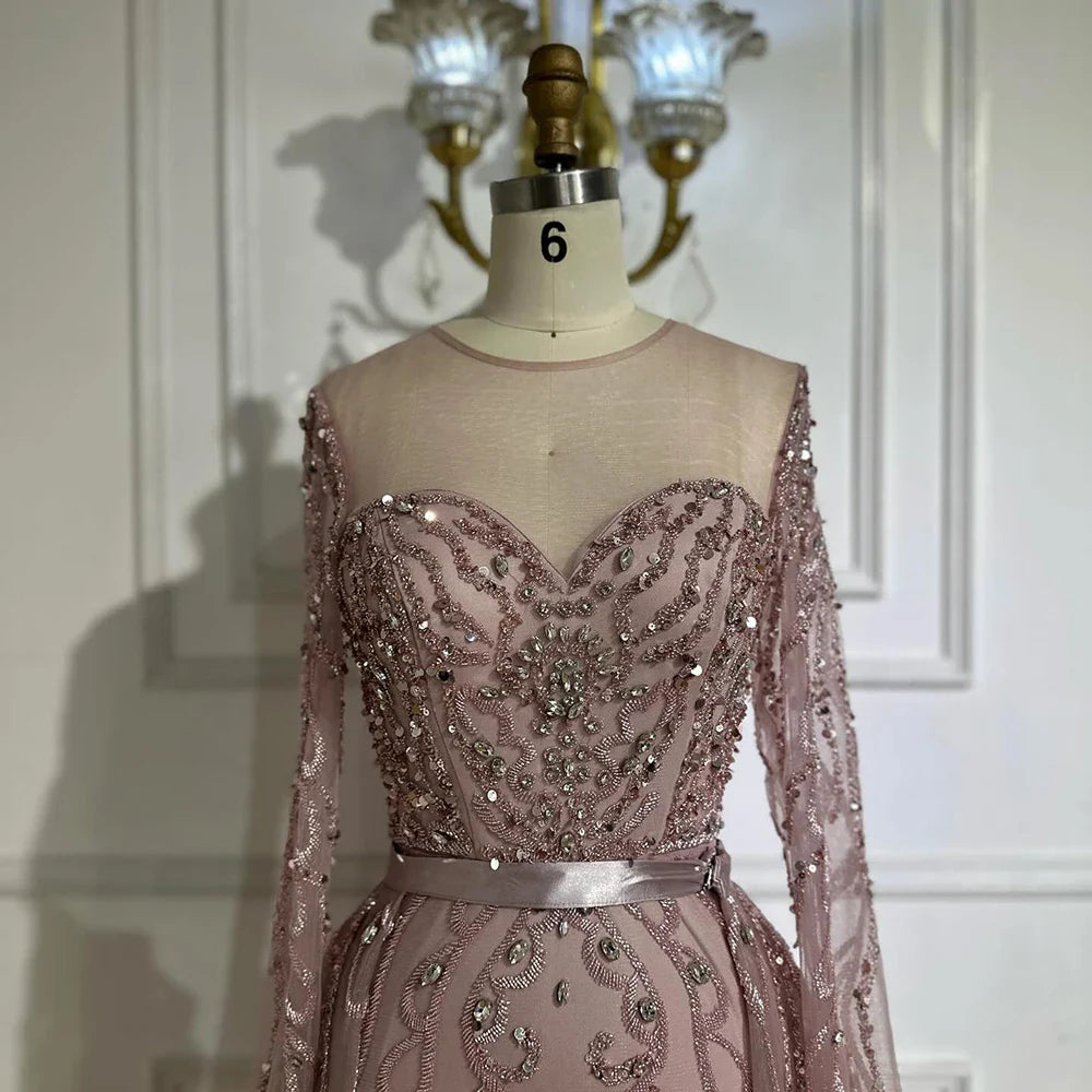2025 Pink Beaded Saudi Arabic Mermaid Evening Gown with Sheer Long Sleeves for Formal Occasion LA72875