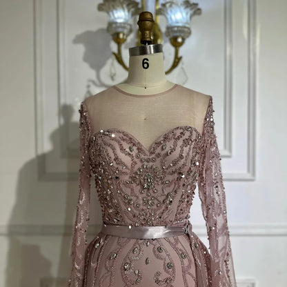 2025 Pink Beaded Saudi Arabic Mermaid Evening Gown with Sheer Long Sleeves for Formal Occasion LA72875