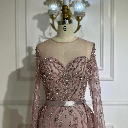 2025 Rosa Perlenbesetztes Saudi-Arabisches Meerjungfrau-Abendkleid mit transparenten langen Ärmeln für formelle Anlässe LA72875