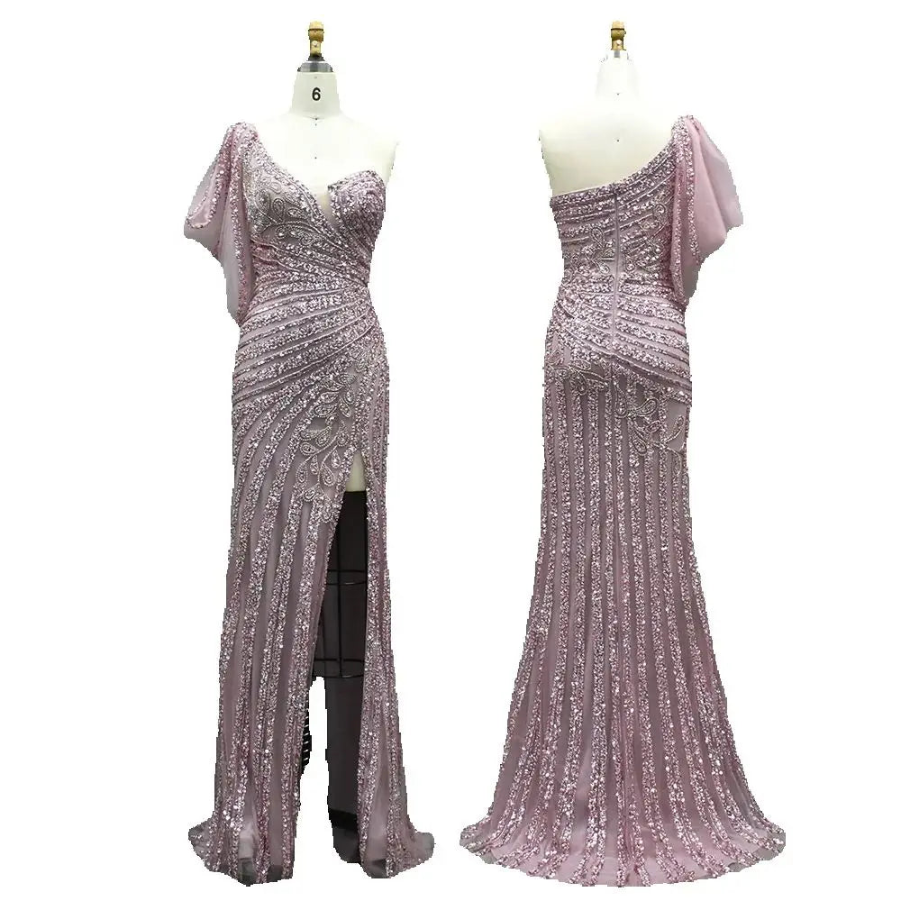 2025 Pink One Shoulder Beaded Mermaid Evening Dresses Gowns with High Split for Formal Occasion LA72821