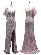 2025 Pink One Shoulder Beaded Mermaid Evening Dresses Gowns with High Split for Formal Occasion LA72821