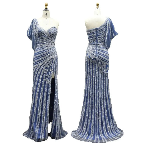 Vestido de noche rosa de sirena con un hombro al descubierto y cuentas, con abertura alta, para ocasiones formales, LA72821 