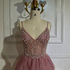 2025 Pink Spaghetti Strap Evening Gown Beaded Bodice and Layered Tulle Skirt for Formal Occasion LA72893