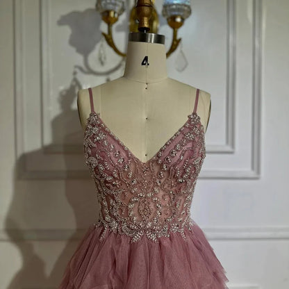 2025 Pink Spaghetti Strap Evening Gown Beaded Bodice and Layered Tulle Skirt for Formal Occasion LA72893