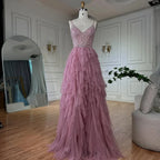 2025 Pink Spaghetti Strap Evening Gown Beaded Bodice and Layered Tulle Skirt for Formal Occasion LA72893