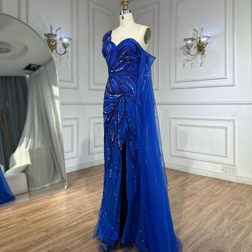 2025 Königsblaues Abendkleid im Meerjungfrau-Stil mit einer Schulter und Schlitz für formelle Anlässe LA72869