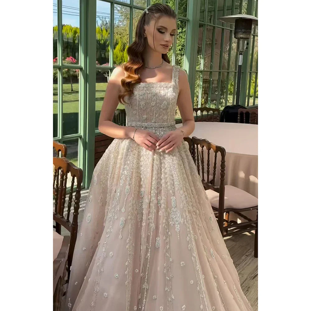 Saudi-Arabien Nude Square Neck Elegantes A-Linien-Abendkleid mit Perlen für formelle Anlässe LA72835 