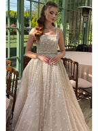 Saudi-Arabien Nude Square Neck Elegantes A-Linien-Abendkleid mit Perlen für formelle Anlässe LA72835 