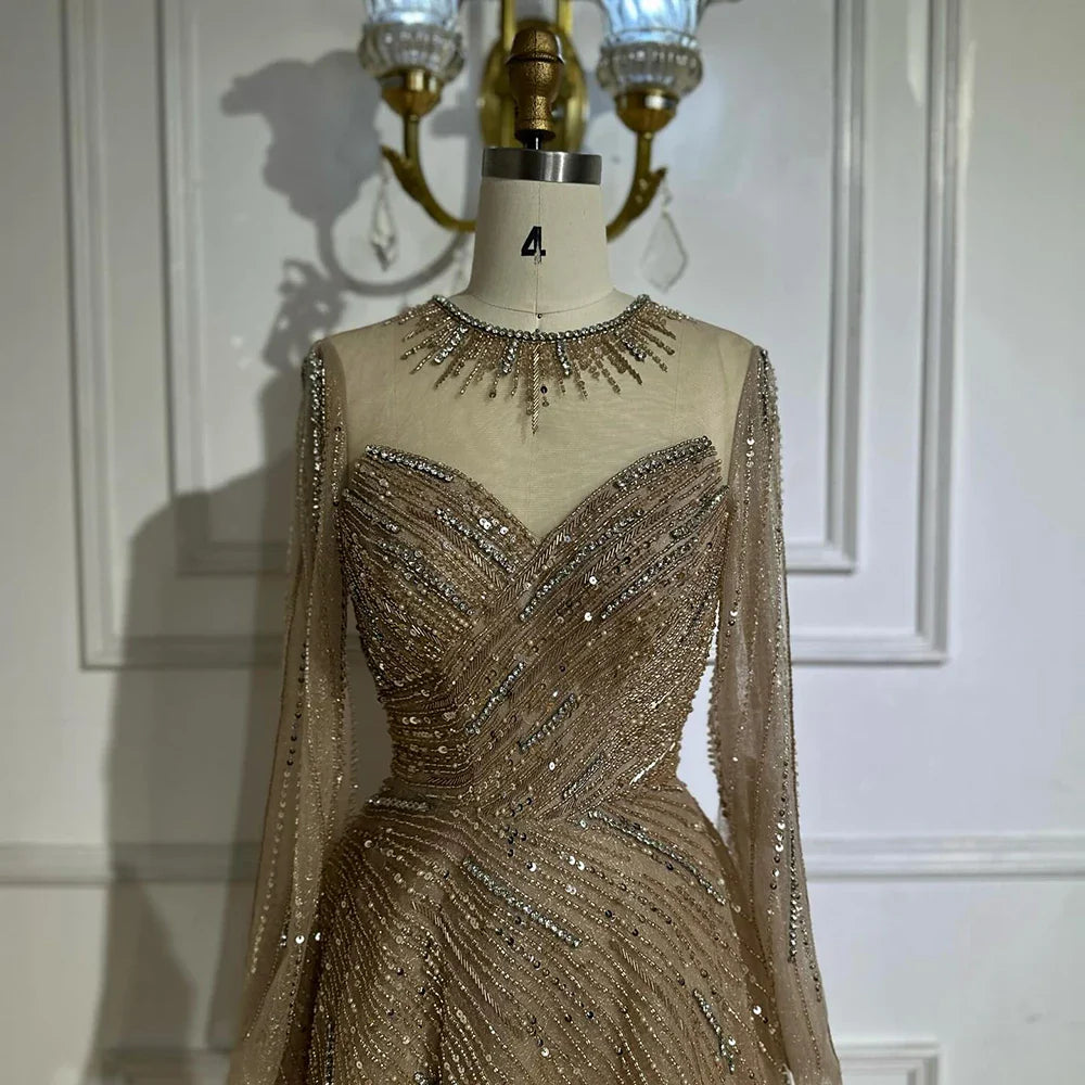 2025 Saudi Arabic Caramel Beaded A Line Evening Gown with Sheer Top for Formal Occasion LA72563A