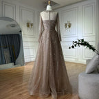 2025 Saudi Arabic Caramel Beaded A Line Evening Gown with Sheer Top for Formal Occasion LA72563A