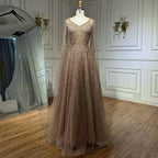 2025 Saudi Arabic Caramel Beaded Cape Sleeves A Line Evening Gown for Formal Occasion LA72147A