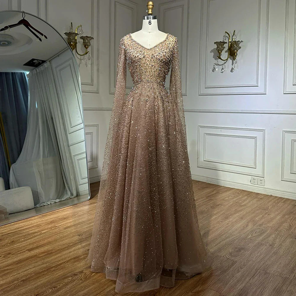 2025 Saudi Arabic Caramel Beaded Cape Sleeves A Line Evening Gown for Formal Occasion LA72147A