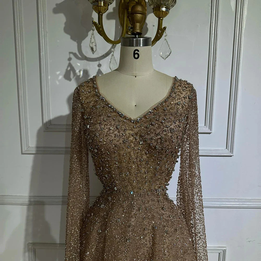 2025 Saudi Arabic Caramel Beaded Cape Sleeves A Line Evening Gown for Formal Occasion LA72147A