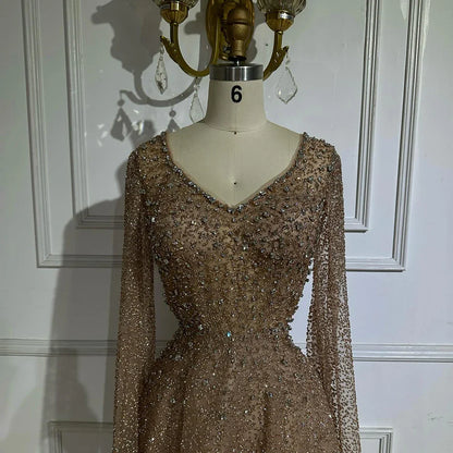 2025 Saudi Arabic Caramel Beaded Cape Sleeves A Line Evening Gown for Formal Occasion LA72147A