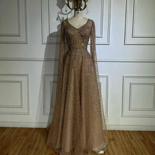 2025 Saudi Arabic Caramel Beaded Cape Sleeves A Line Evening Gown for Formal Occasion LA72147A