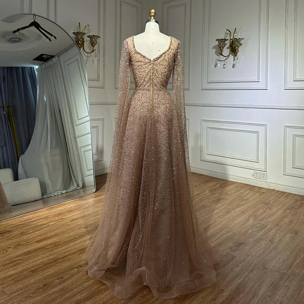 2025 Saudi Arabic Caramel Beaded Cape Sleeves A Line Evening Gown for Formal Occasion LA72147A
