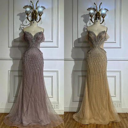 2025 Saudi Arabic Off Shoulder Nude Beaded Tulle Mermaid Evening Gown for Formal Occasion LA72854