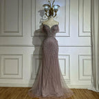 2025 Saudi Arabic Off Shoulder Nude Beaded Tulle Mermaid Evening Gown for Formal Occasion LA72854
