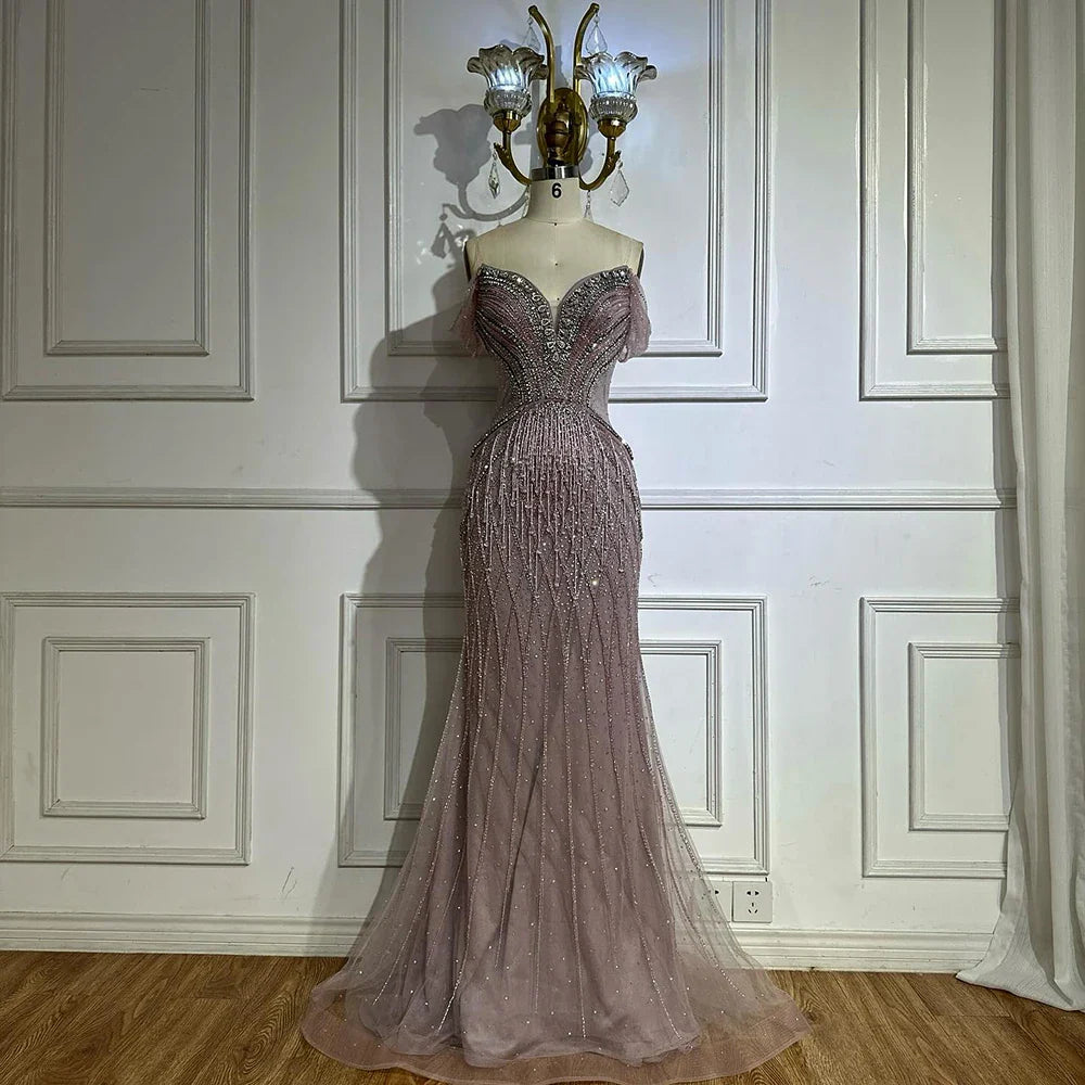 2025 Saudi Arabic Off Shoulder Nude Beaded Tulle Mermaid Evening Gown for Formal Occasion LA72854