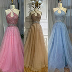 2025 Saudi Arabic Caramel Halter Beaded Tulle A-Line Evening Gown LA72863