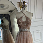 2025 Saudi Arabic Caramel Halter Beaded Tulle A-Line Evening Gown LA72863