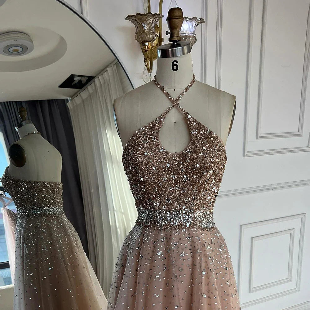 2025 Saudi Arabic Caramel Halter Beaded Tulle A-Line Evening Gown LA72863
