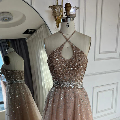 2025 Saudi Arabic Caramel Halter Beaded Tulle A-Line Evening Gown LA72863