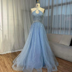 2025 Saudi Arabic Caramel Halter Beaded Tulle A-Line Evening Gown LA72863