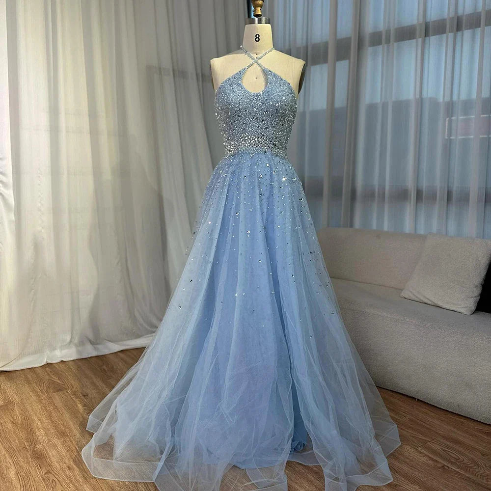 2025 Saudi Arabic Caramel Halter Beaded Tulle A-Line Evening Gown LA72863