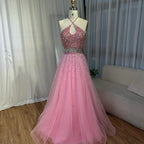 2025 Saudi Arabic Caramel Halter Beaded Tulle A-Line Evening Gown LA72863