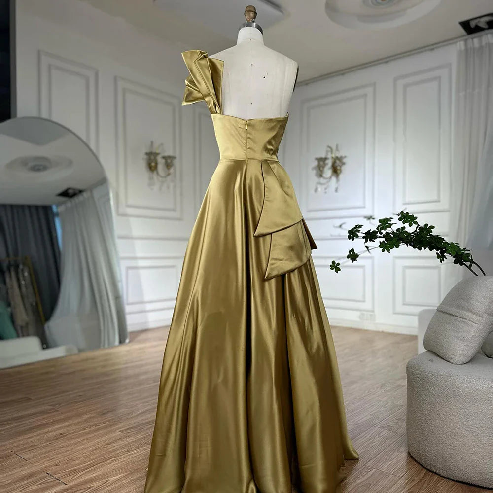 2025 Saudi Arabic Yellow Satin One Shoulder A Line Evening Dress with Beaded for Formal Occasion LA72794
