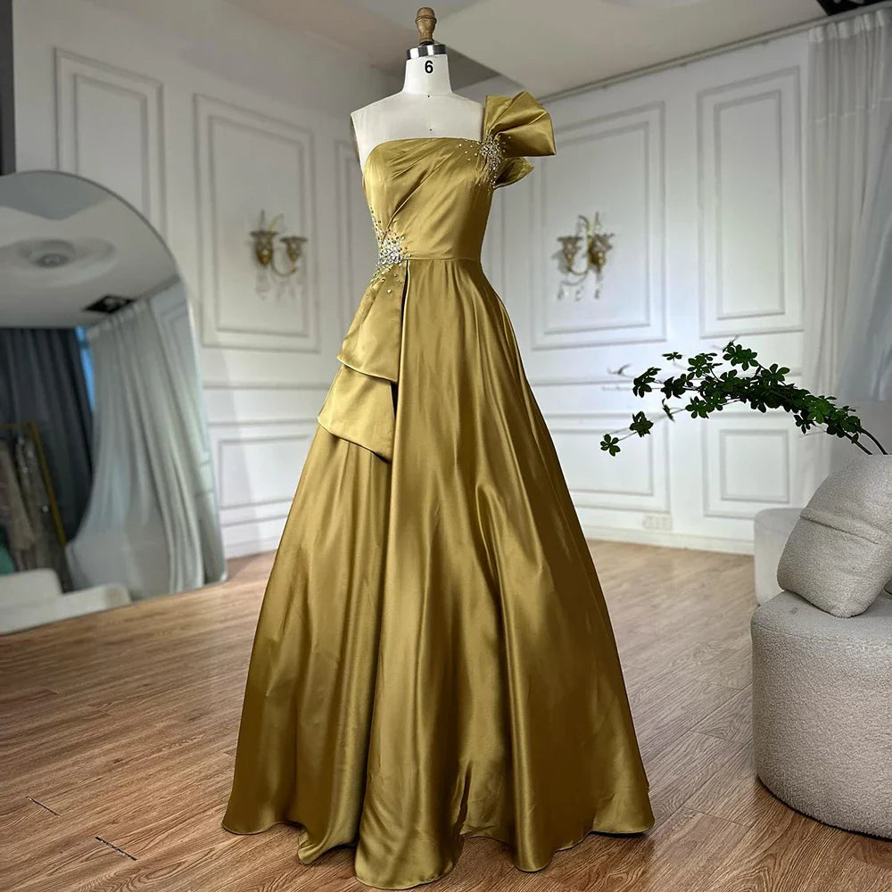 Vestido de noche árabe saudí de satén amarillo, de un solo hombro, corte A, con cuentas, para ocasiones formales LA72794 