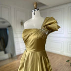 Vestido de noche árabe saudí de satén amarillo, de un solo hombro, corte A, con cuentas, para ocasiones formales LA72794 